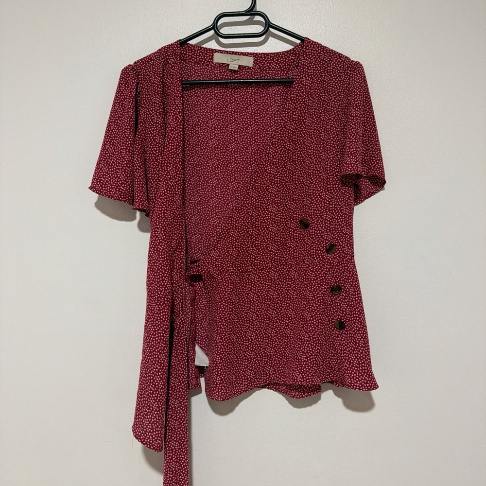 LOFT Burgundy Red Dot Wrap Blouse